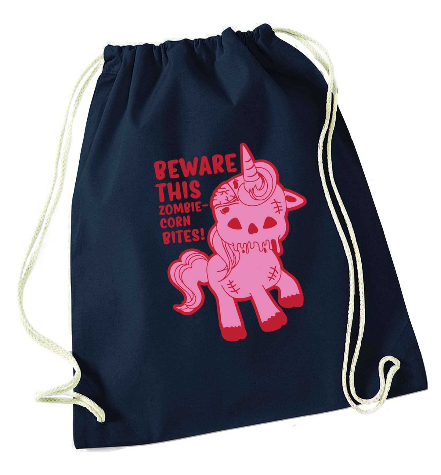 Beware this zombiecorn bites navy drawstring bag