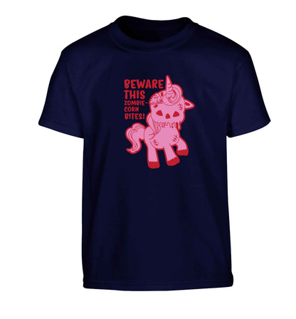 Beware this zombiecorn bites Children's navy Tshirt 12-13 Years