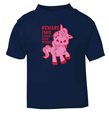 Beware this zombiecorn bites navy baby toddler Tshirt 2 Years