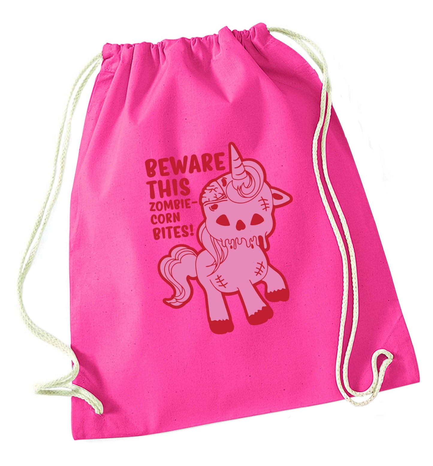 Beware this zombiecorn bites pink drawstring bag