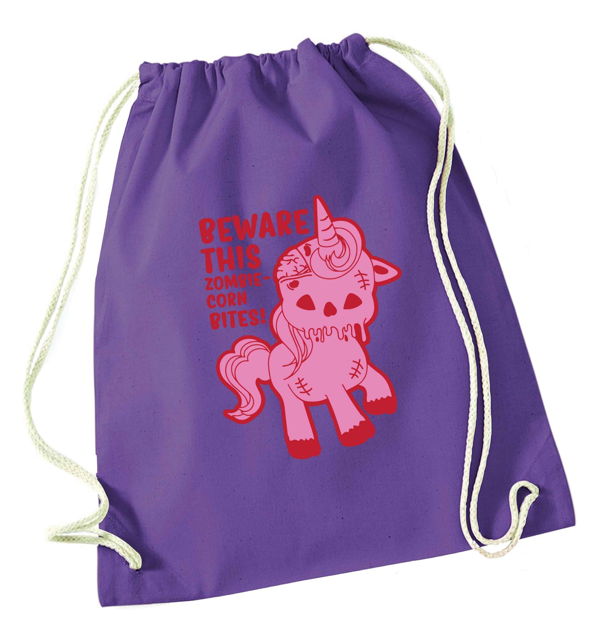 Beware this zombiecorn bites purple drawstring bag