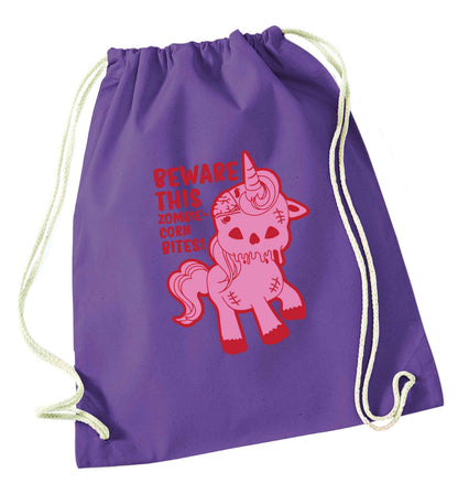 Beware this zombiecorn bites purple drawstring bag