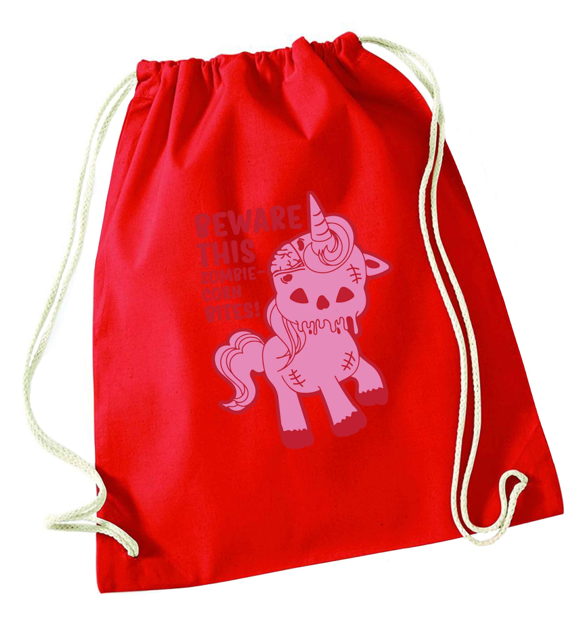 Beware this zombiecorn bites red drawstring bag 