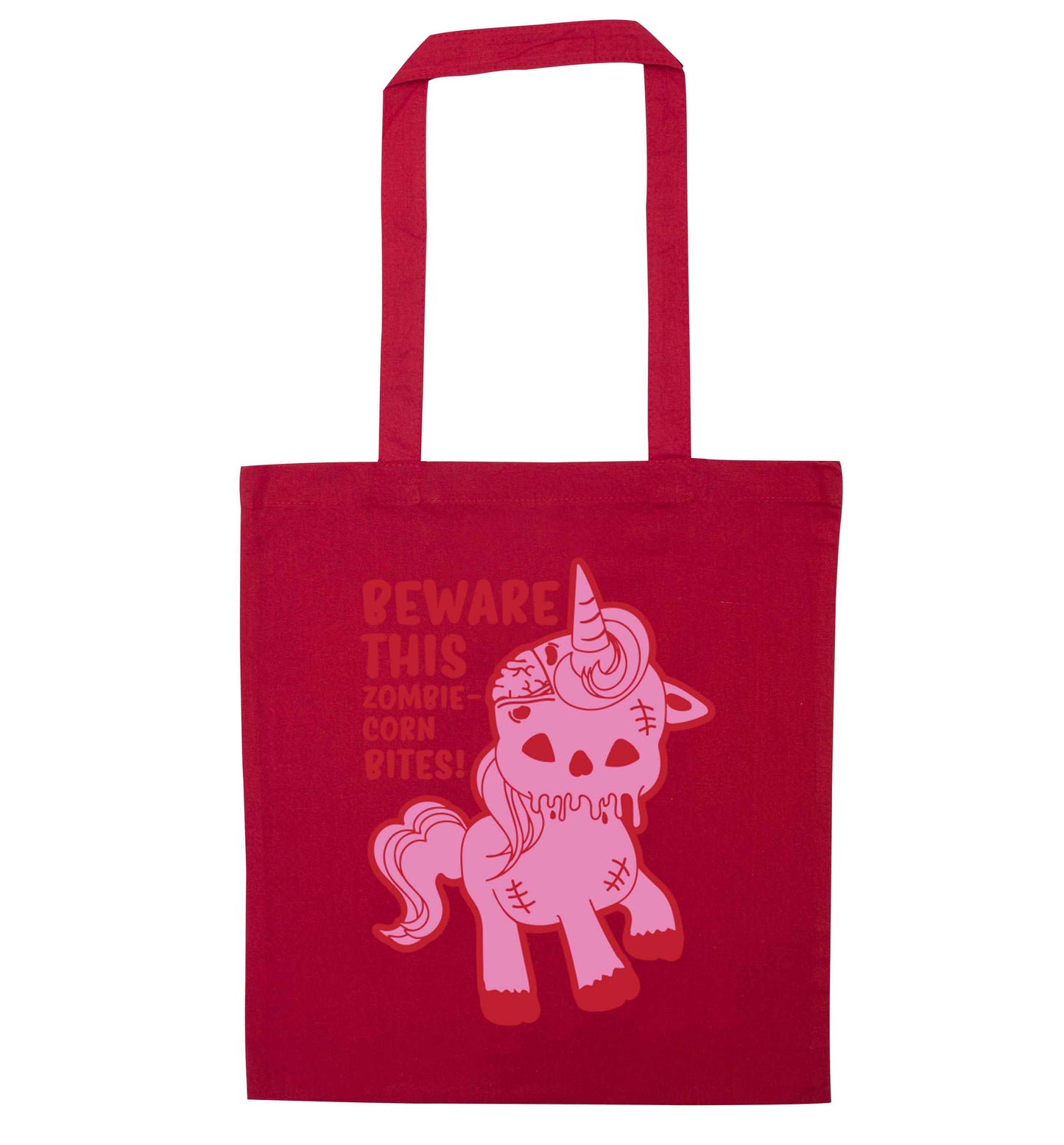 Beware this zombiecorn bites red tote bag
