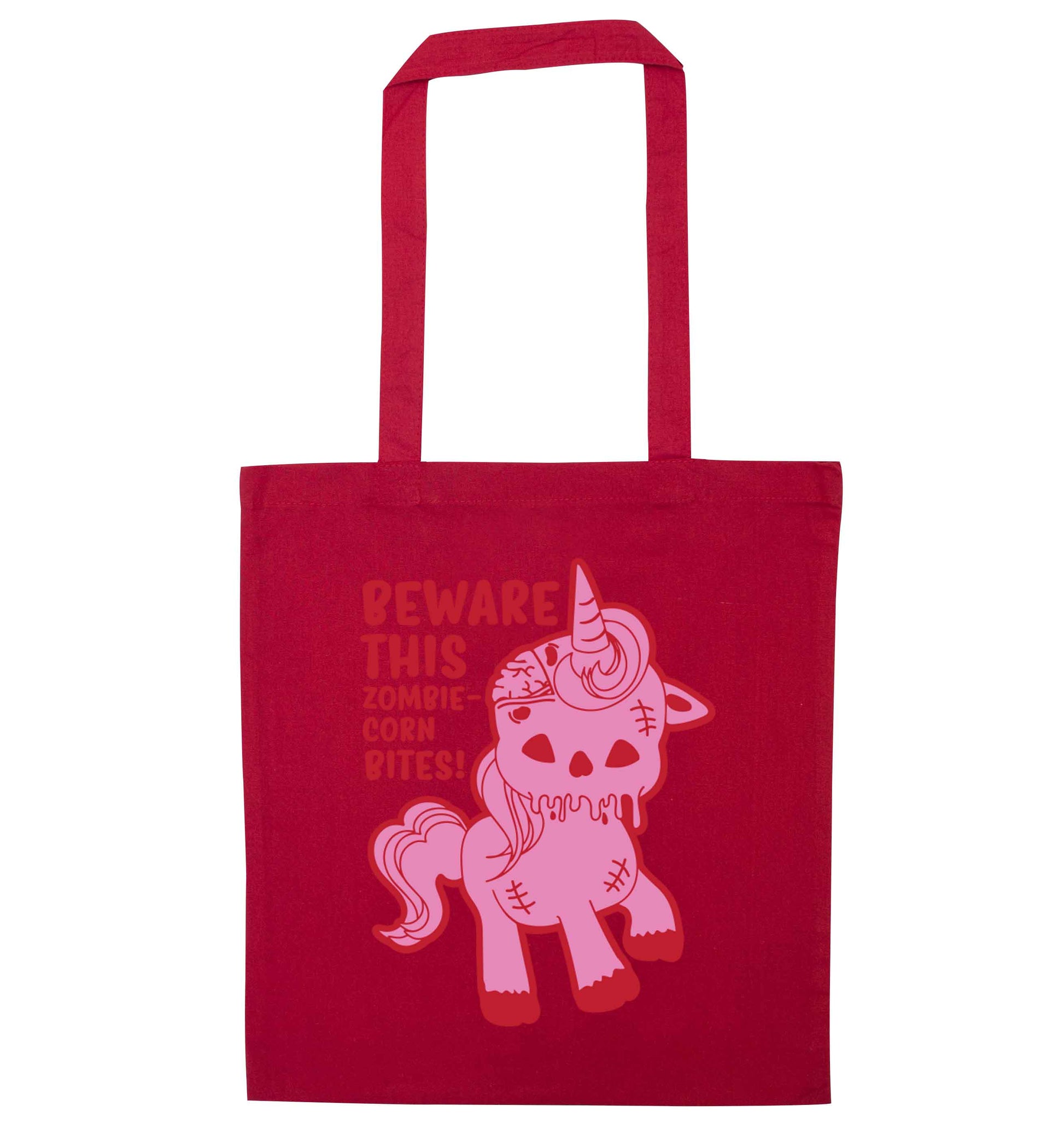Beware this zombiecorn bites red tote bag