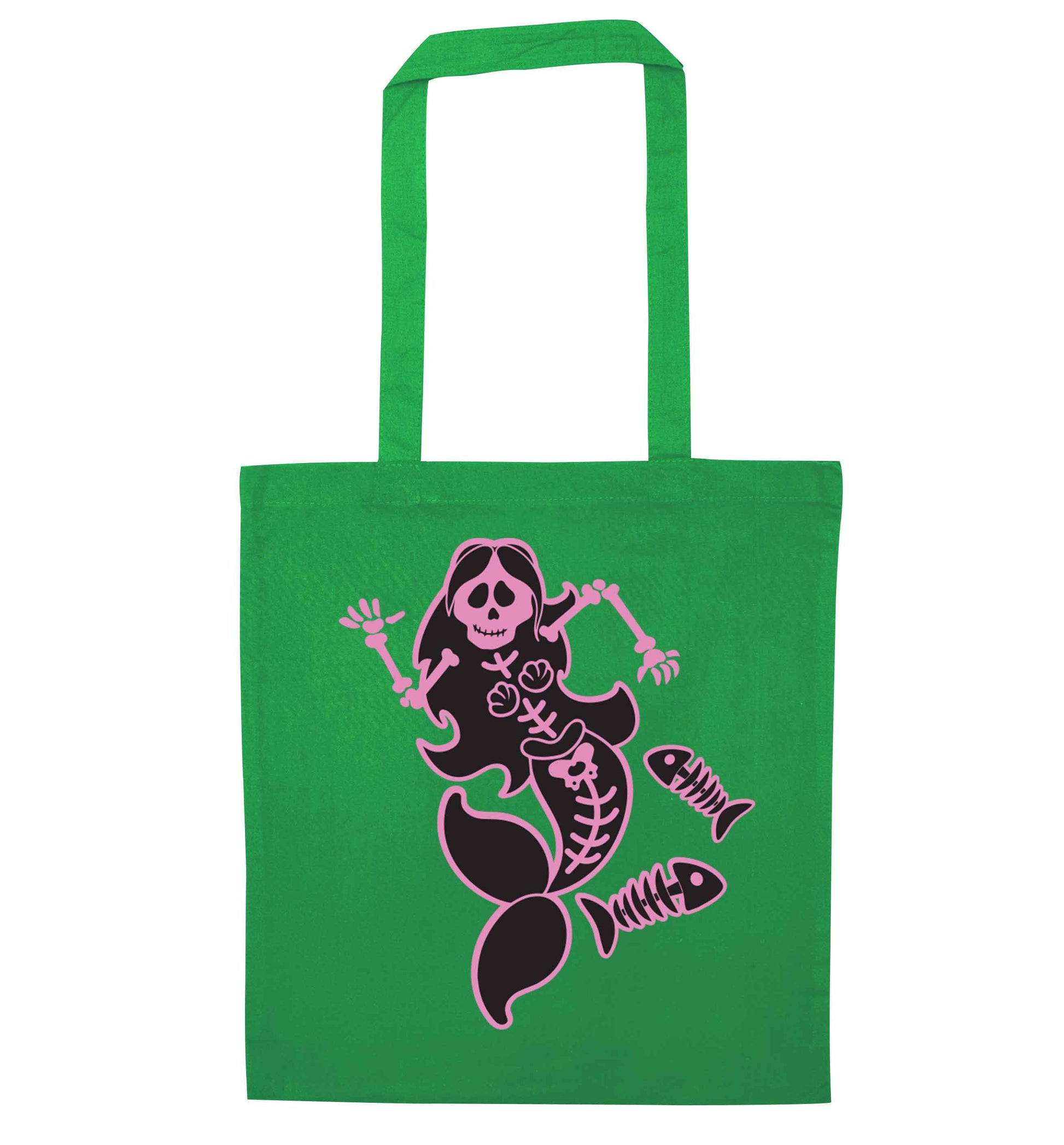 Skeleton mermaid green tote bag