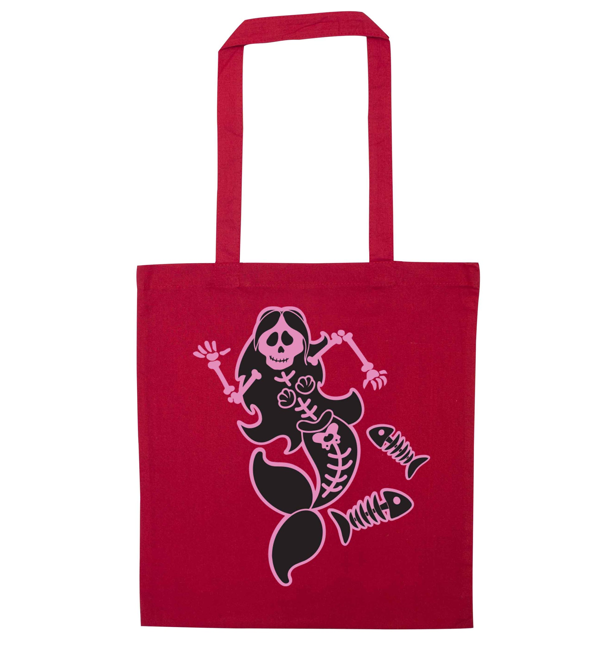 Skeleton mermaid red tote bag