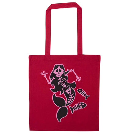 Skeleton mermaid red tote bag