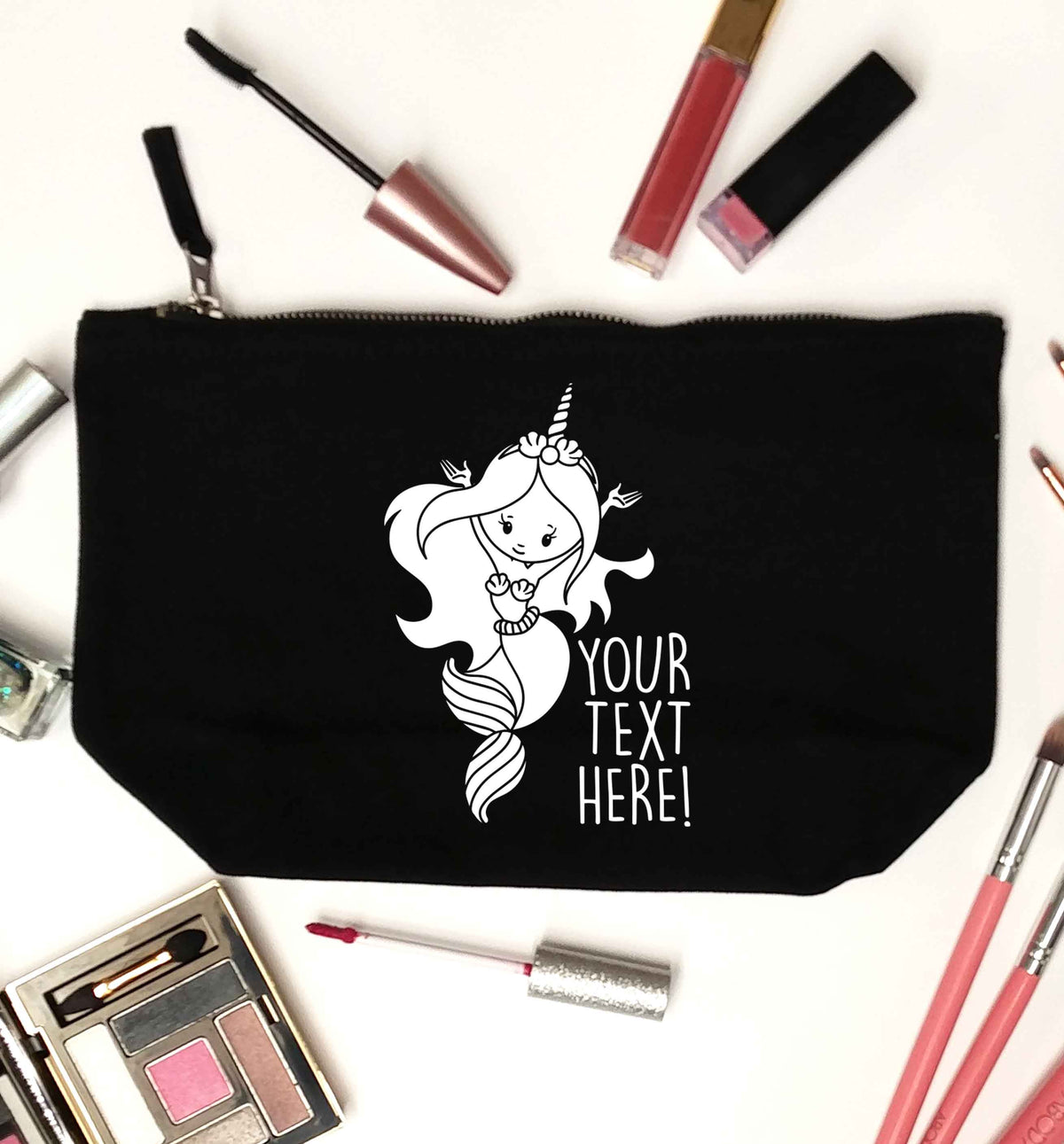 Mermaid with unicorn headband any text black makeup bag