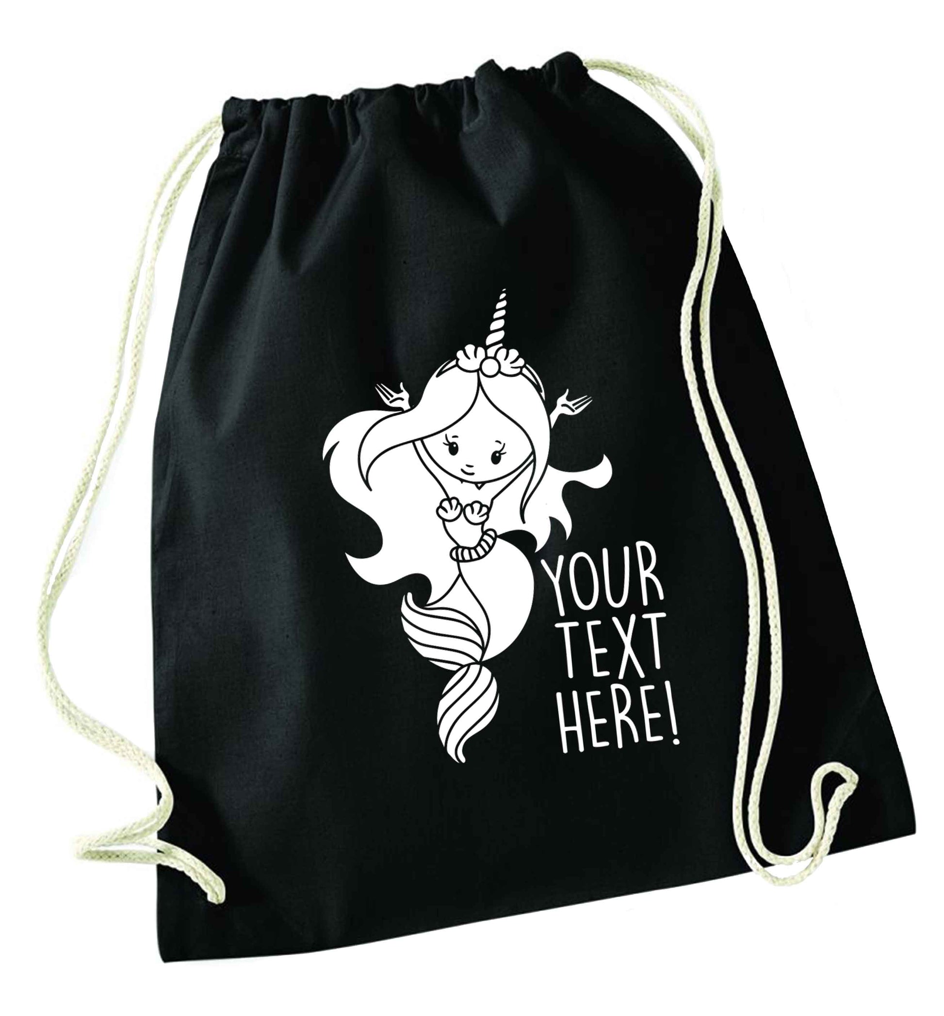 Mermaid with unicorn headband any text black drawstring bag