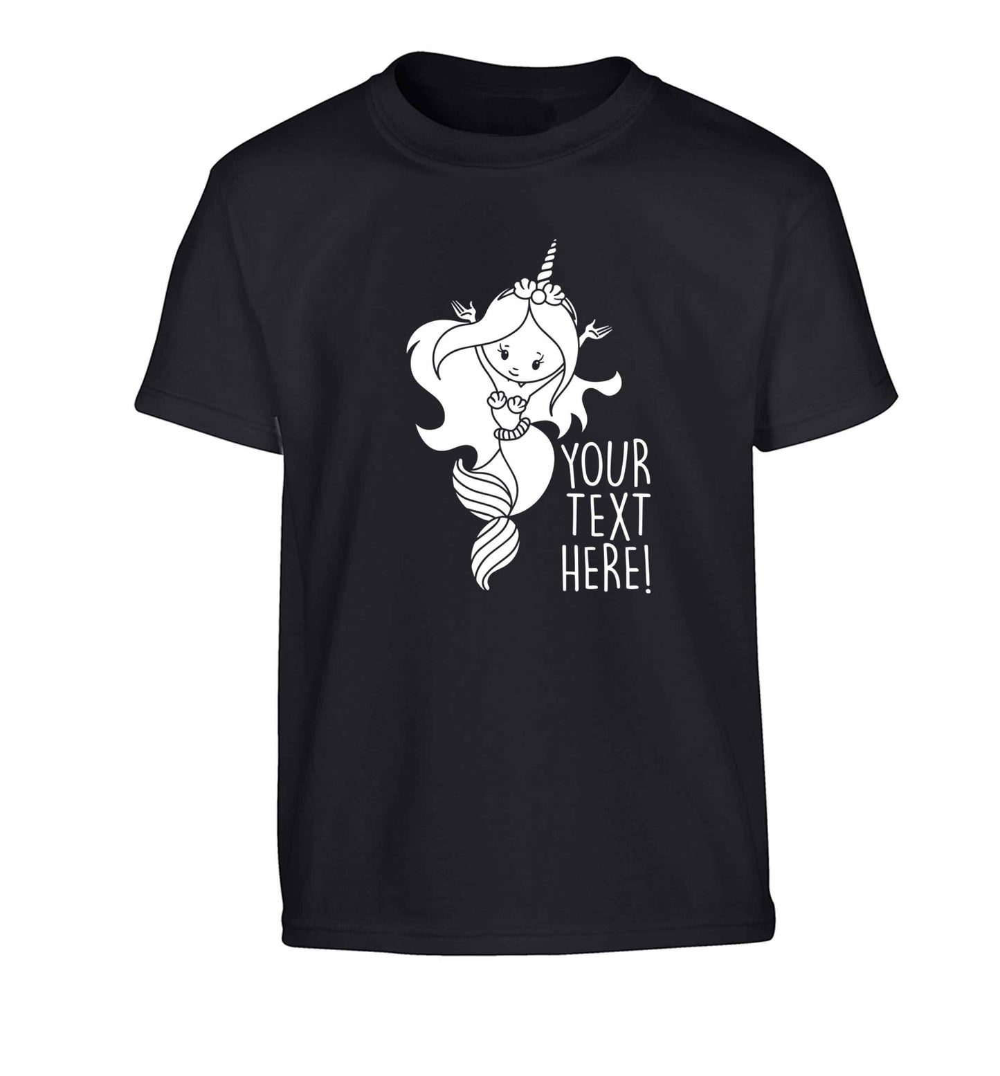 Mermaid with unicorn headband any text Children's black Tshirt 12-13 Years