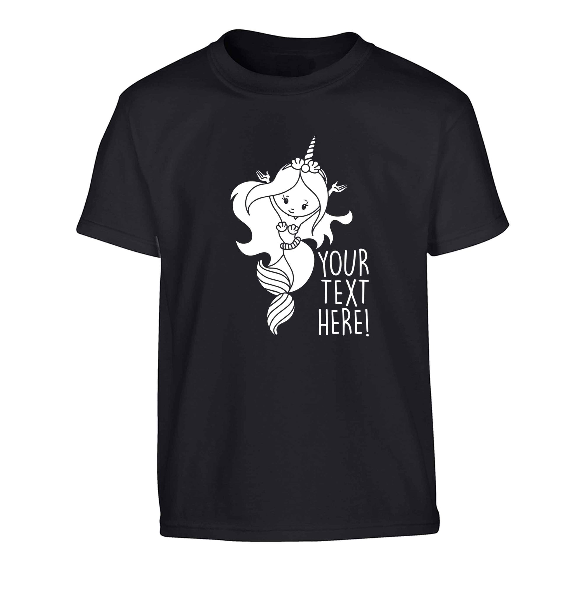 Mermaid with unicorn headband any text Children's black Tshirt 12-13 Years