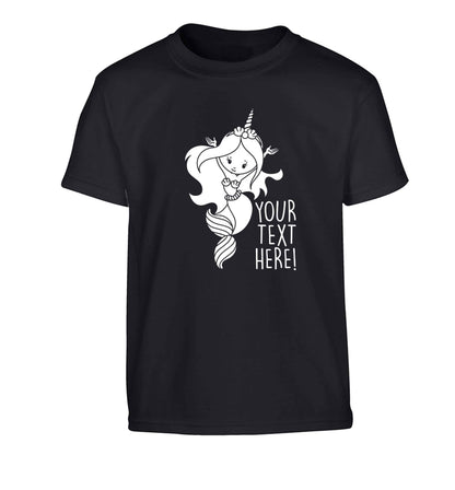Mermaid with unicorn headband any text Children's black Tshirt 12-13 Years