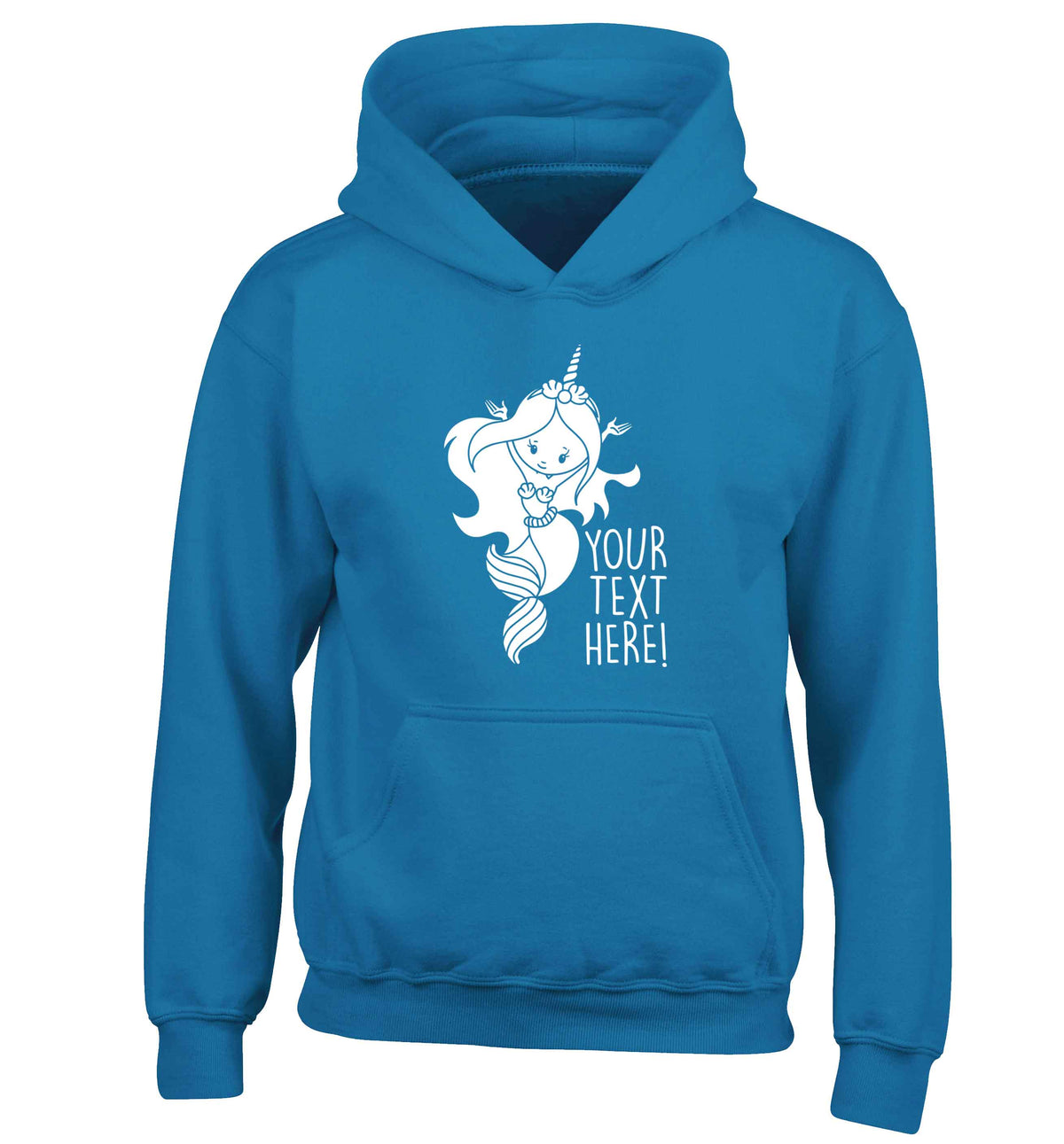 Mermaid with unicorn headband any text children's blue hoodie 12-13 Years