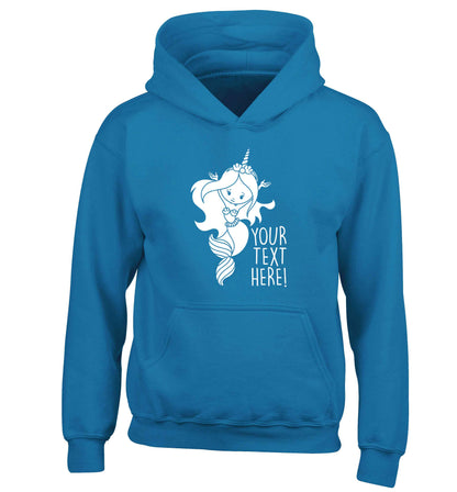 Mermaid with unicorn headband any text children's blue hoodie 12-13 Years