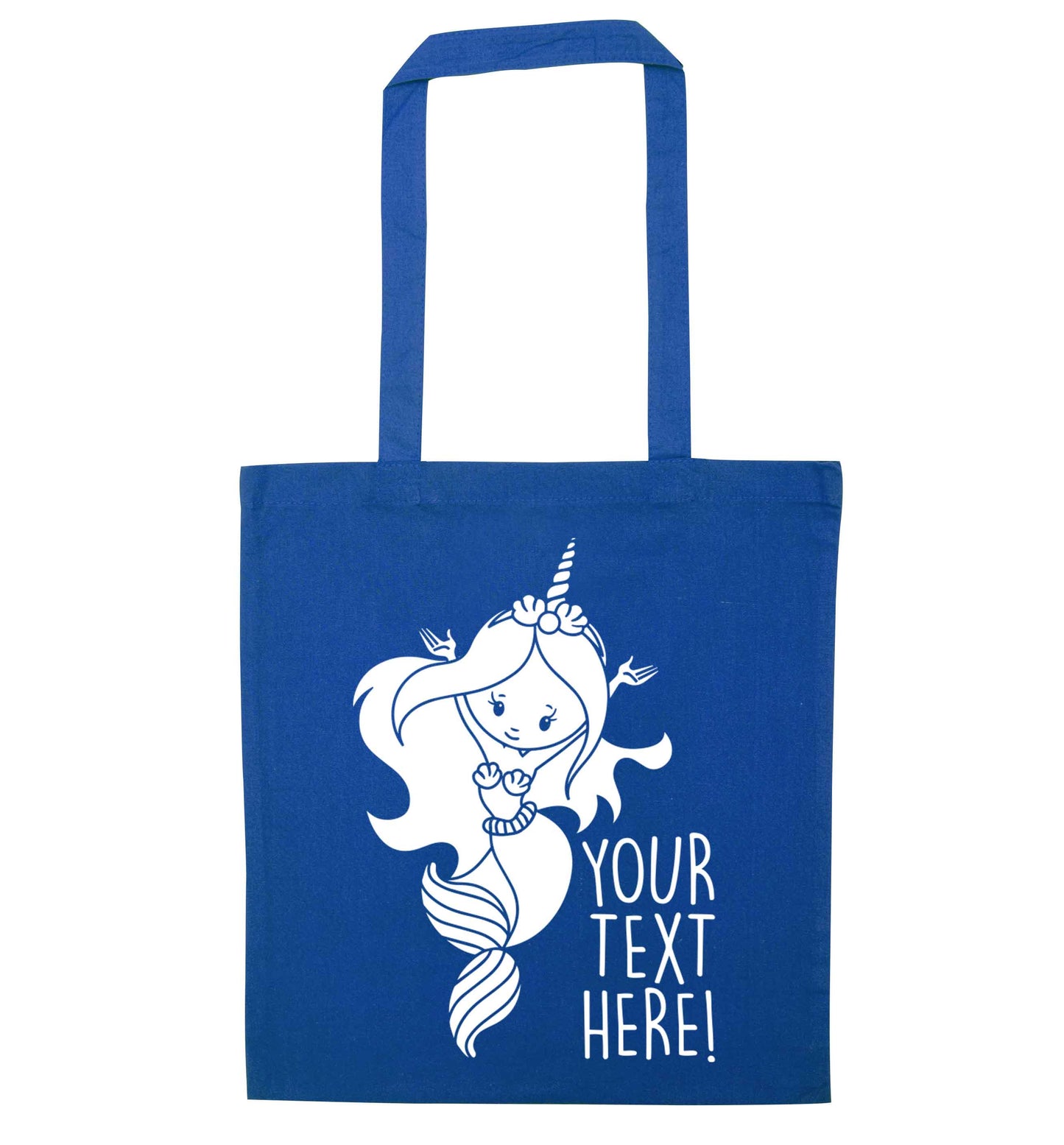 Mermaid with unicorn headband any text blue tote bag