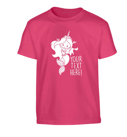 Mermaid with unicorn headband any text Children's pink Tshirt 12-13 Years