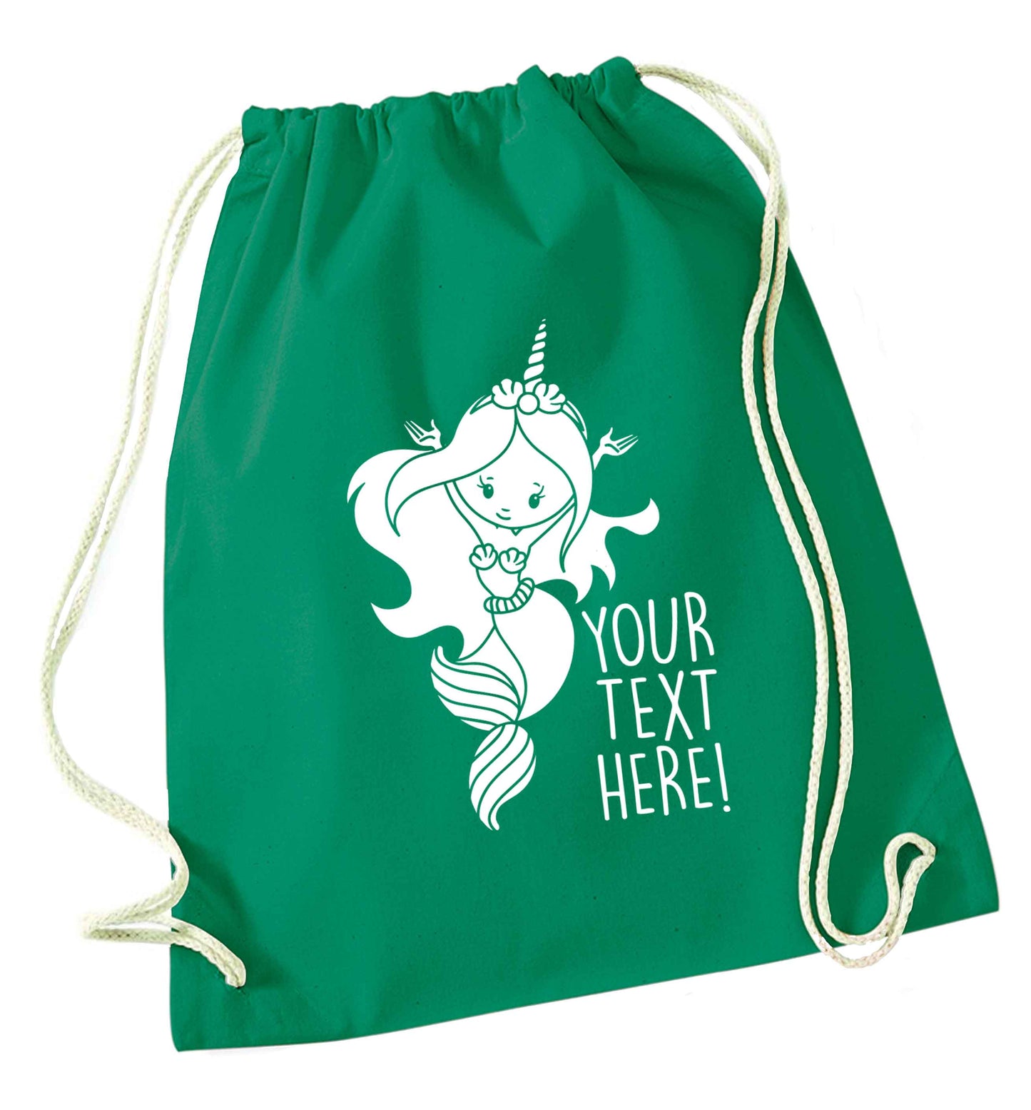 Mermaid with unicorn headband any text green drawstring bag