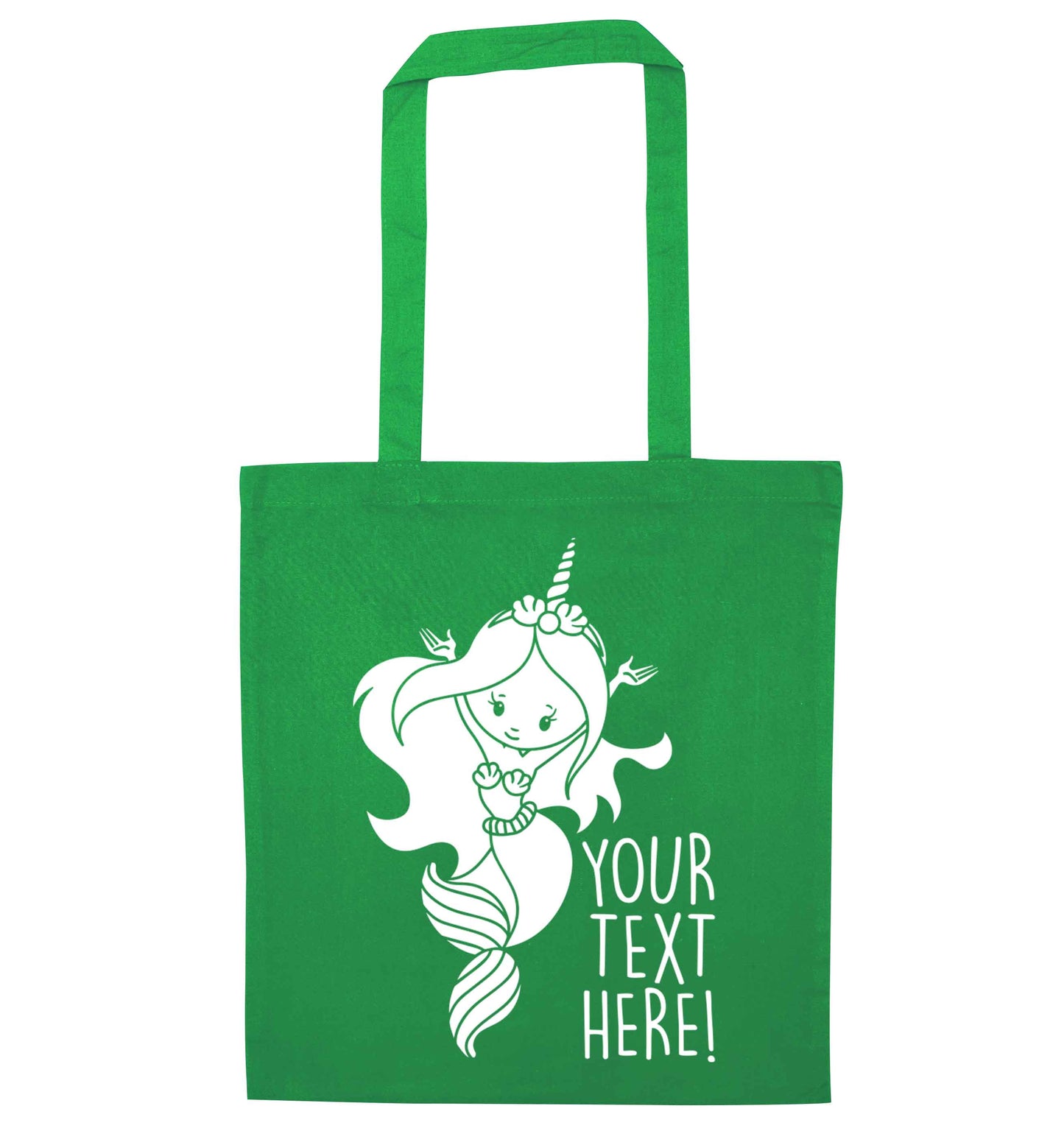 Mermaid with unicorn headband any text green tote bag