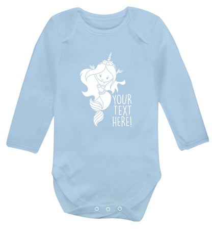 Mermaid with unicorn headband any text baby vest long sleeved pale blue 6-12 months
