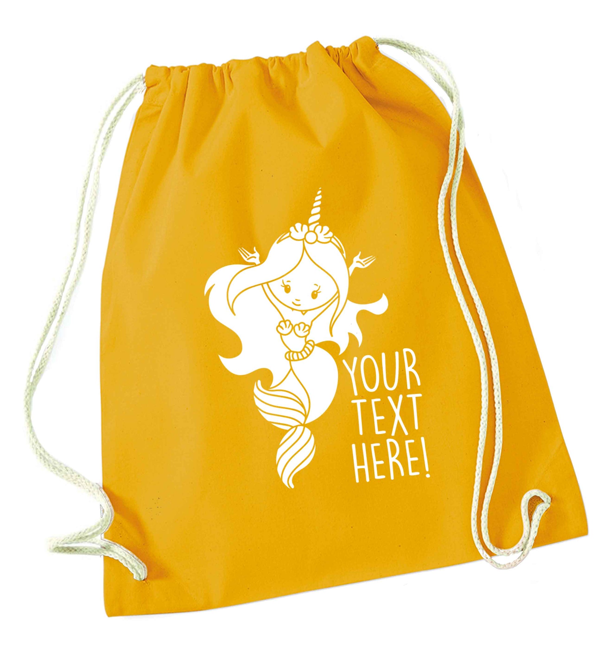 Mermaid with unicorn headband any text mustard drawstring bag