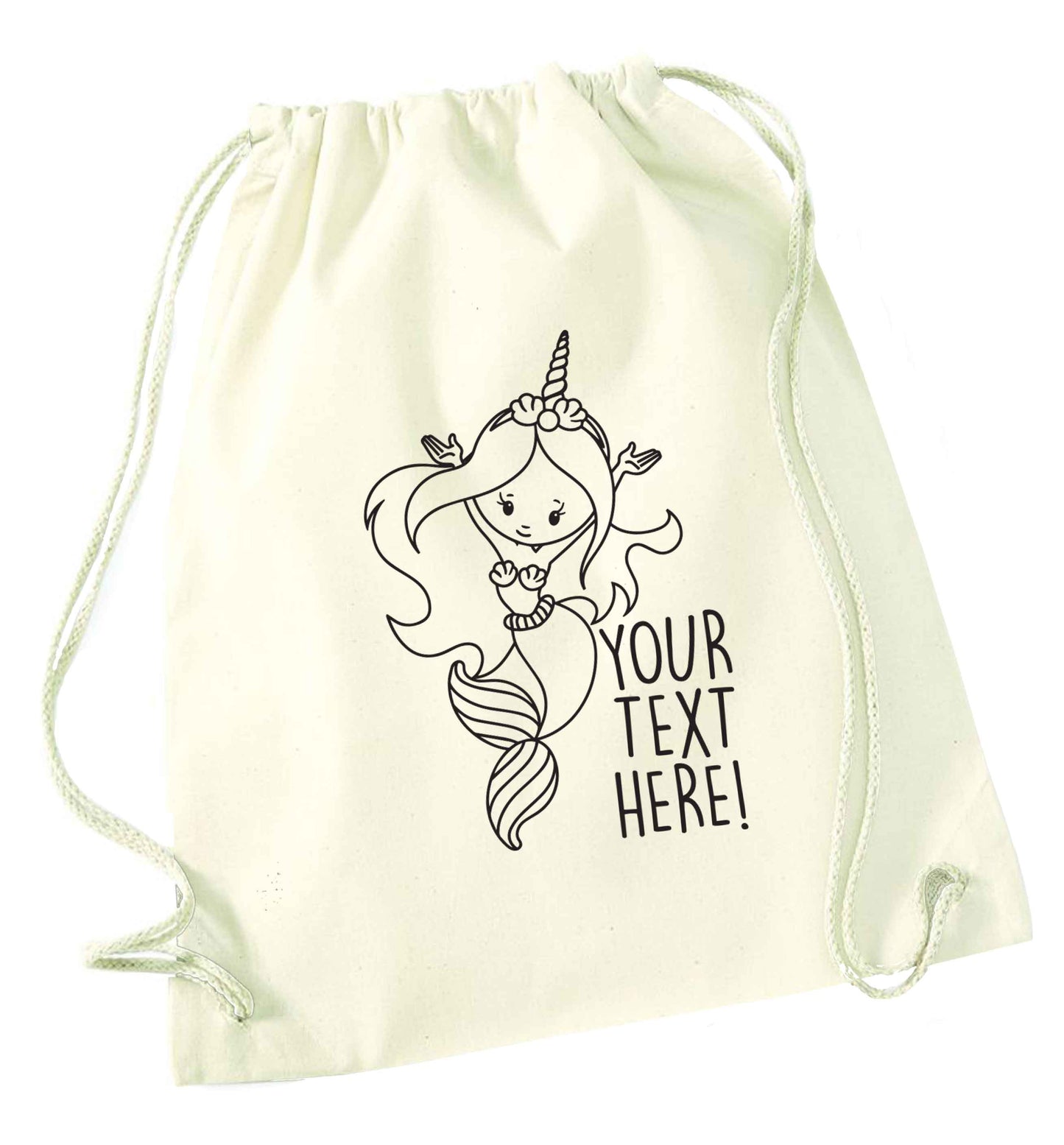 Mermaid with unicorn headband any text natural drawstring bag