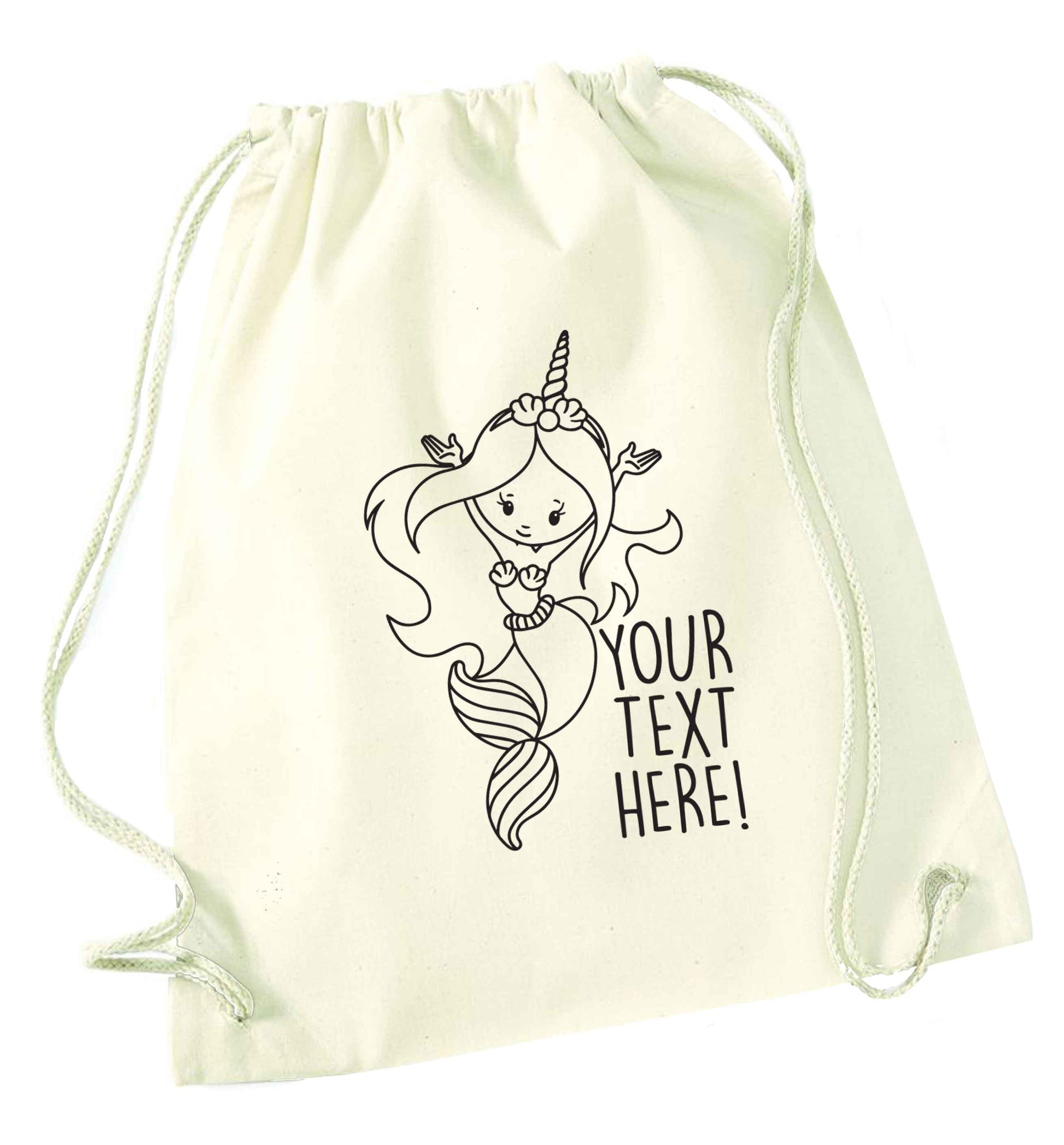 Mermaid with unicorn headband any text natural drawstring bag