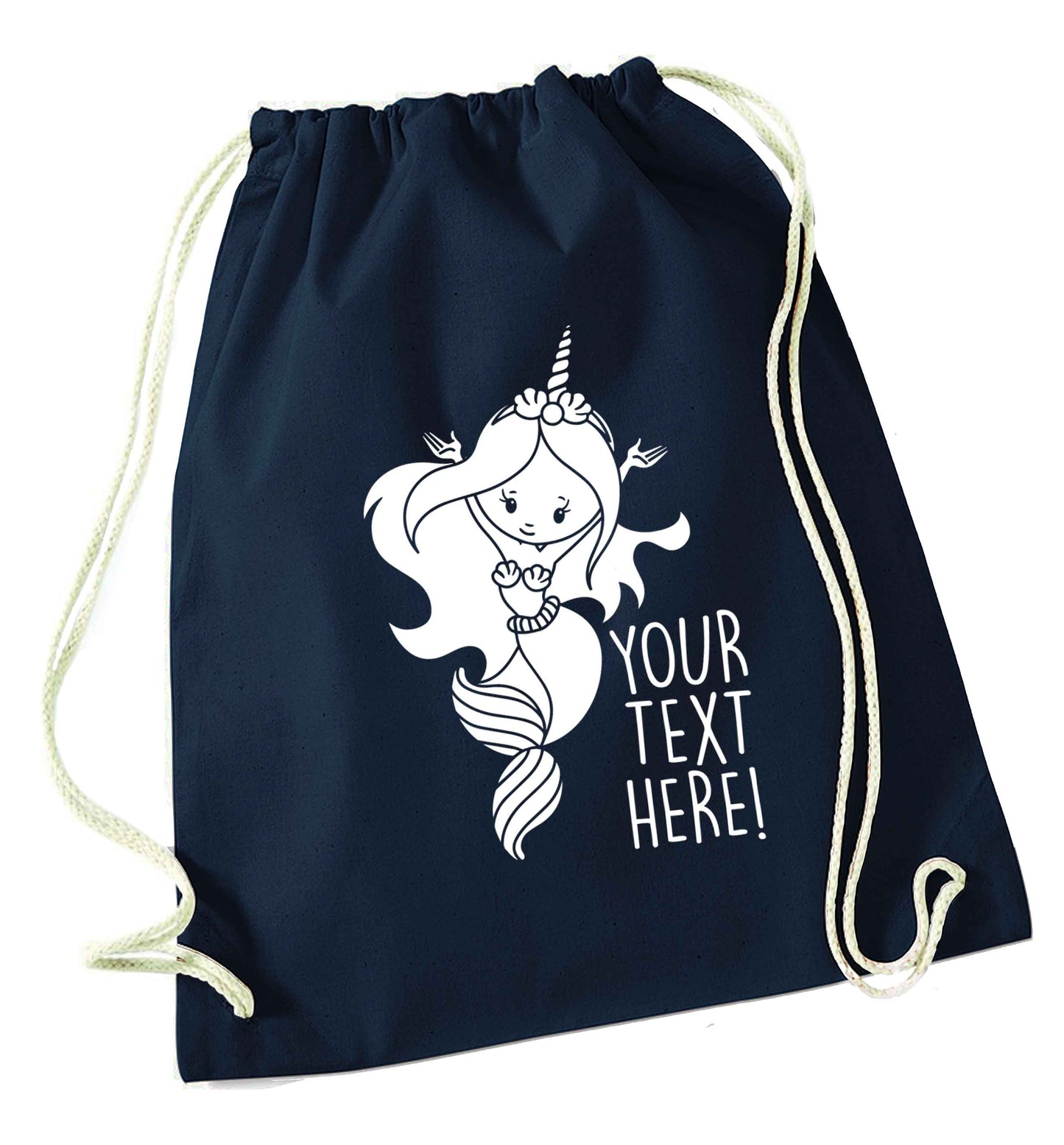 Mermaid with unicorn headband any text navy drawstring bag