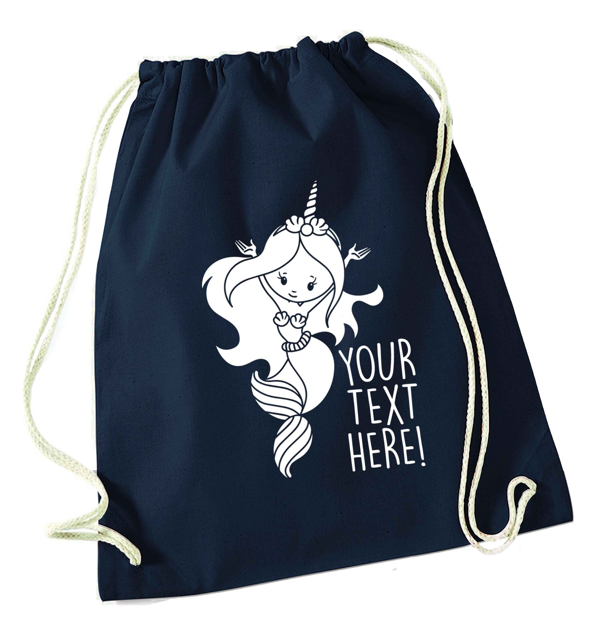 Mermaid with unicorn headband any text navy drawstring bag