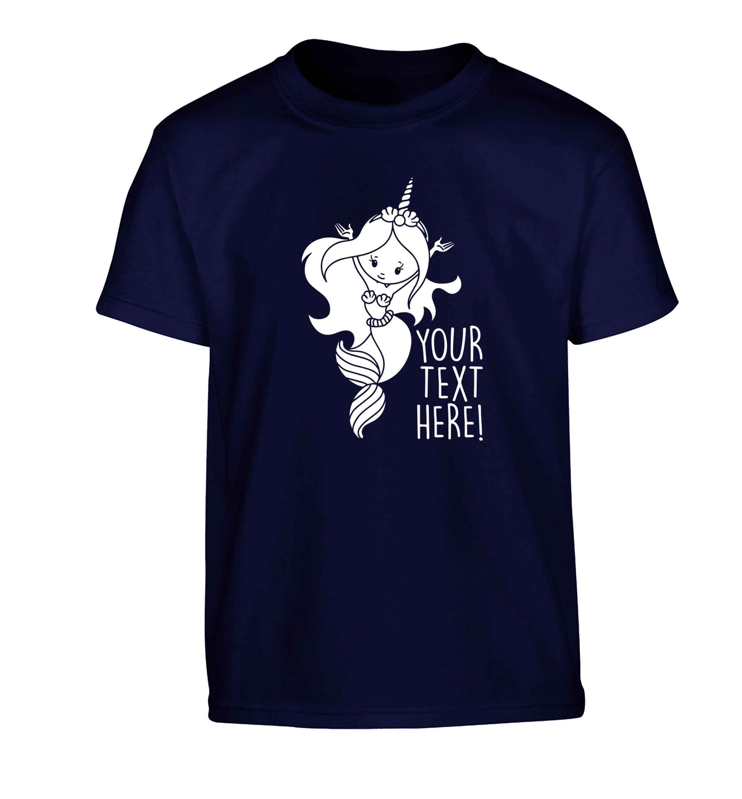 Mermaid with unicorn headband any text Children's navy Tshirt 12-13 Years