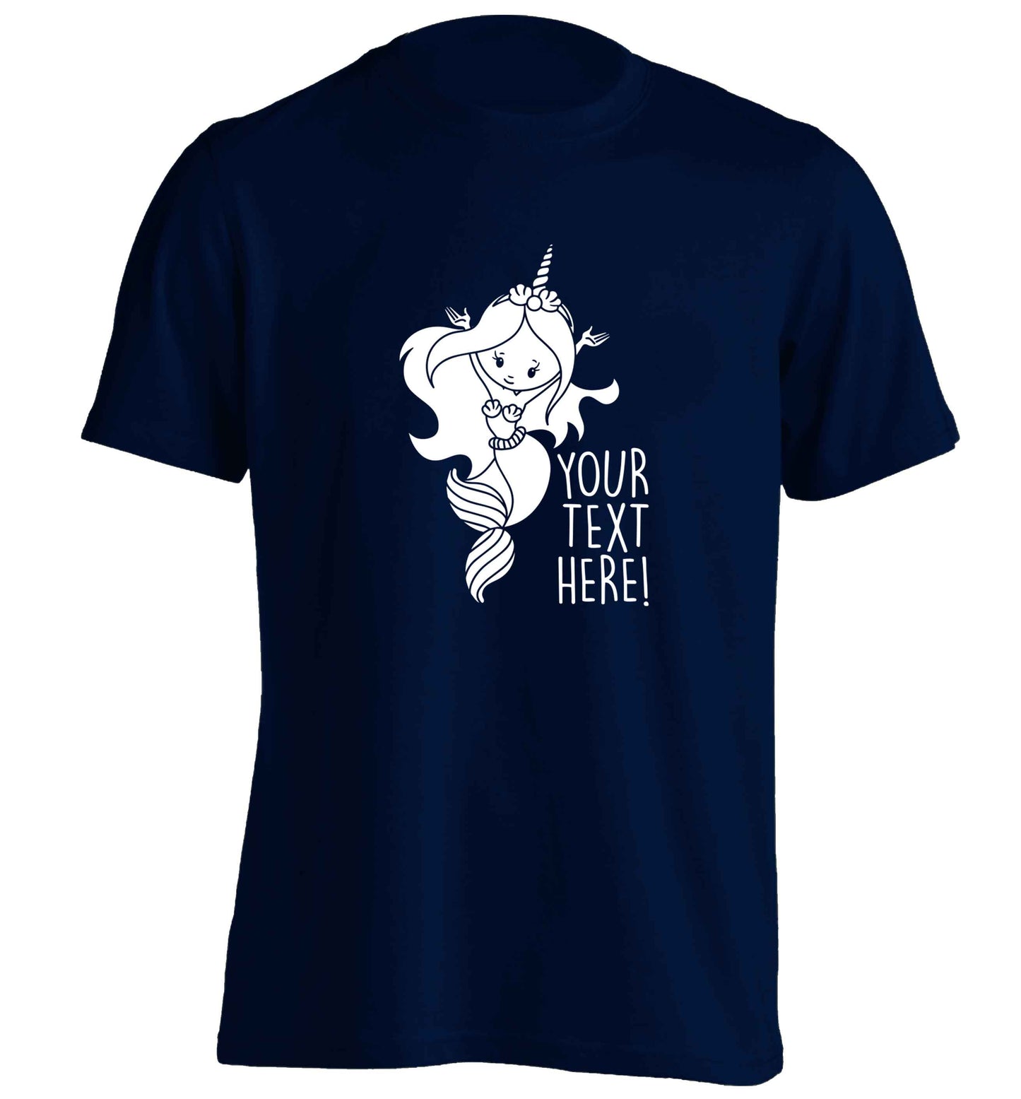 Mermaid with unicorn headband any text adults unisex navy Tshirt 2XL