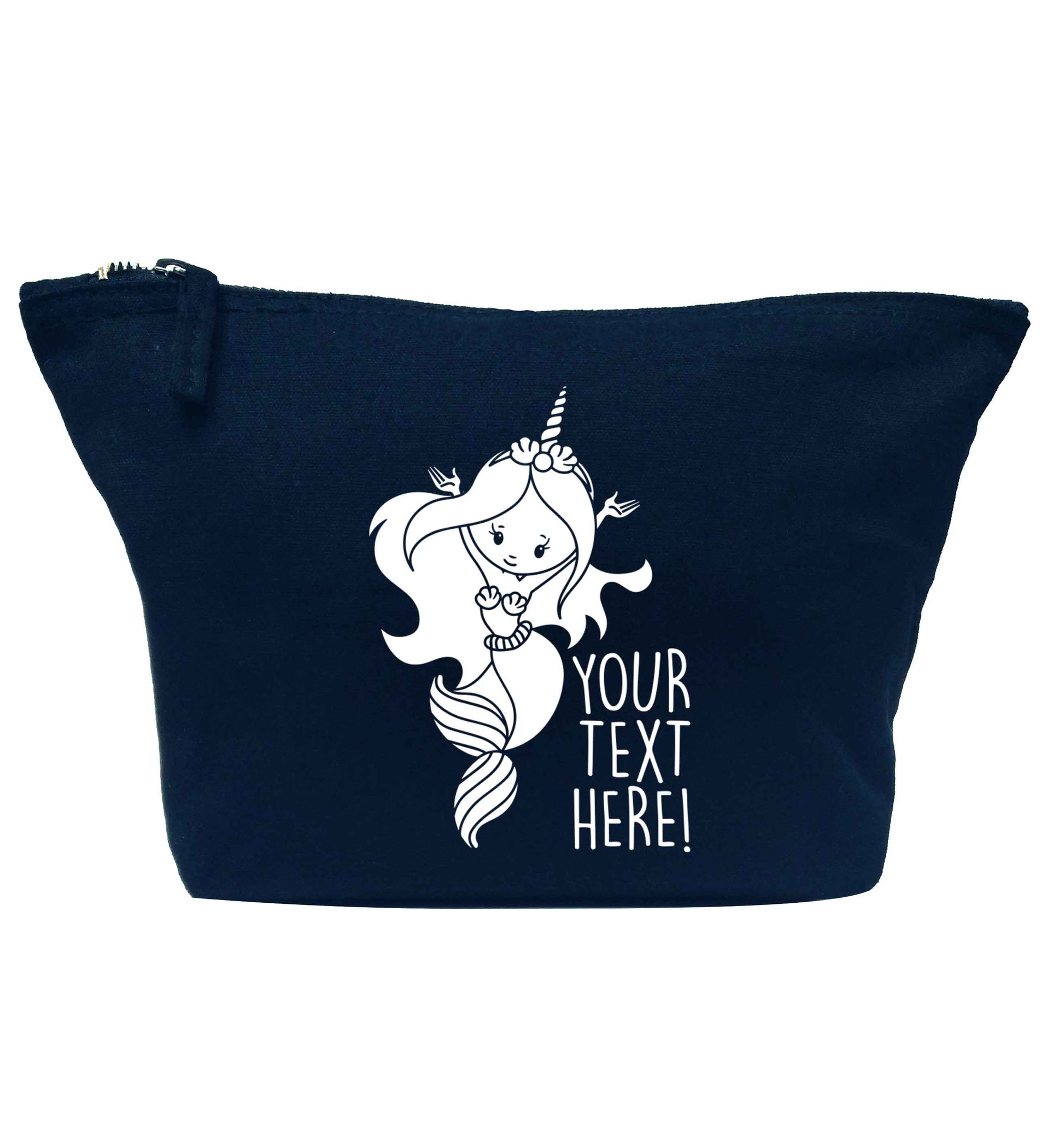 Mermaid with unicorn headband any text navy makeup bag