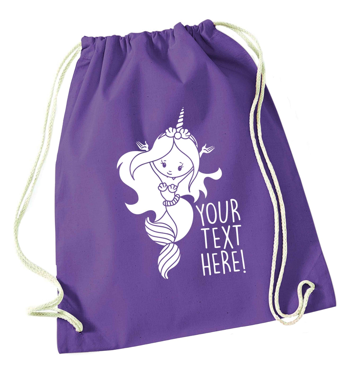 Mermaid with unicorn headband any text purple drawstring bag