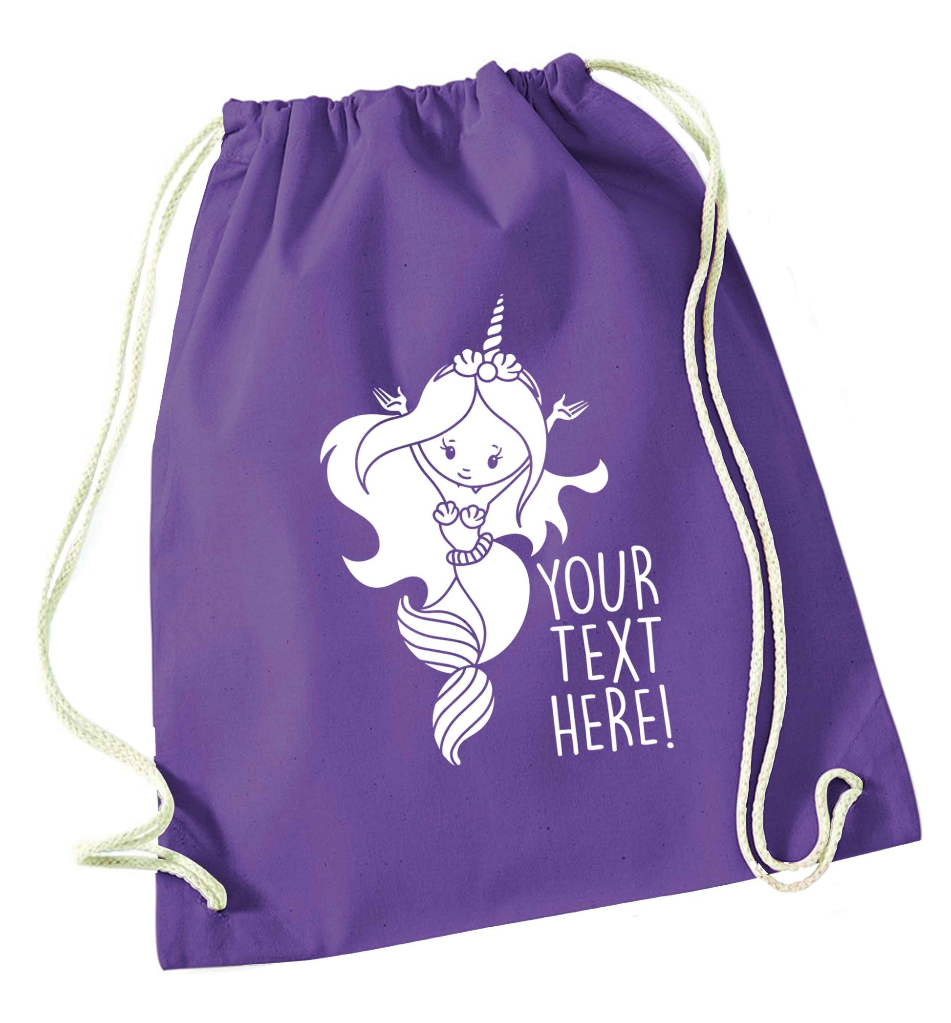 Mermaid with unicorn headband any text purple drawstring bag