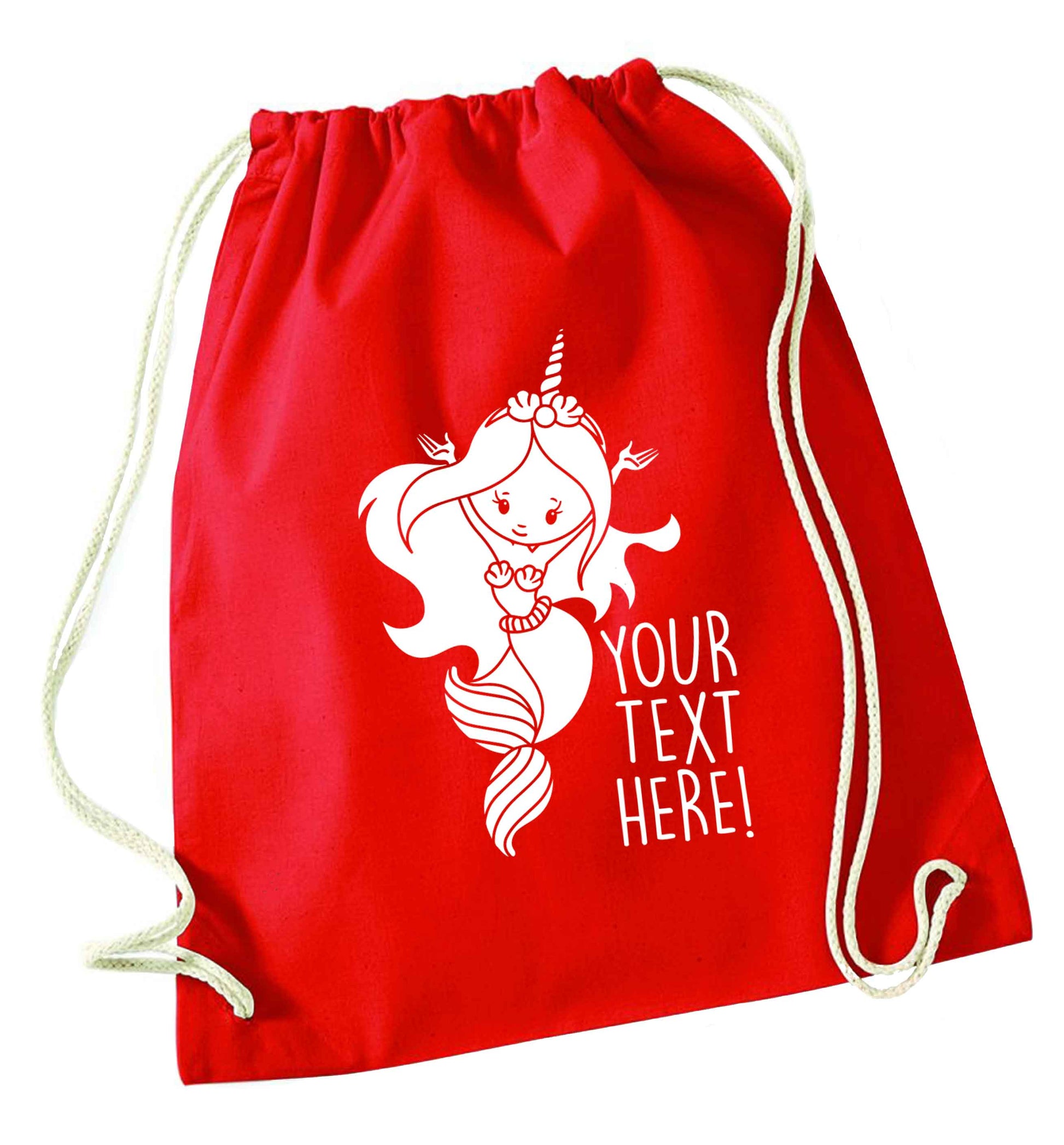 Mermaid with unicorn headband any text red drawstring bag 