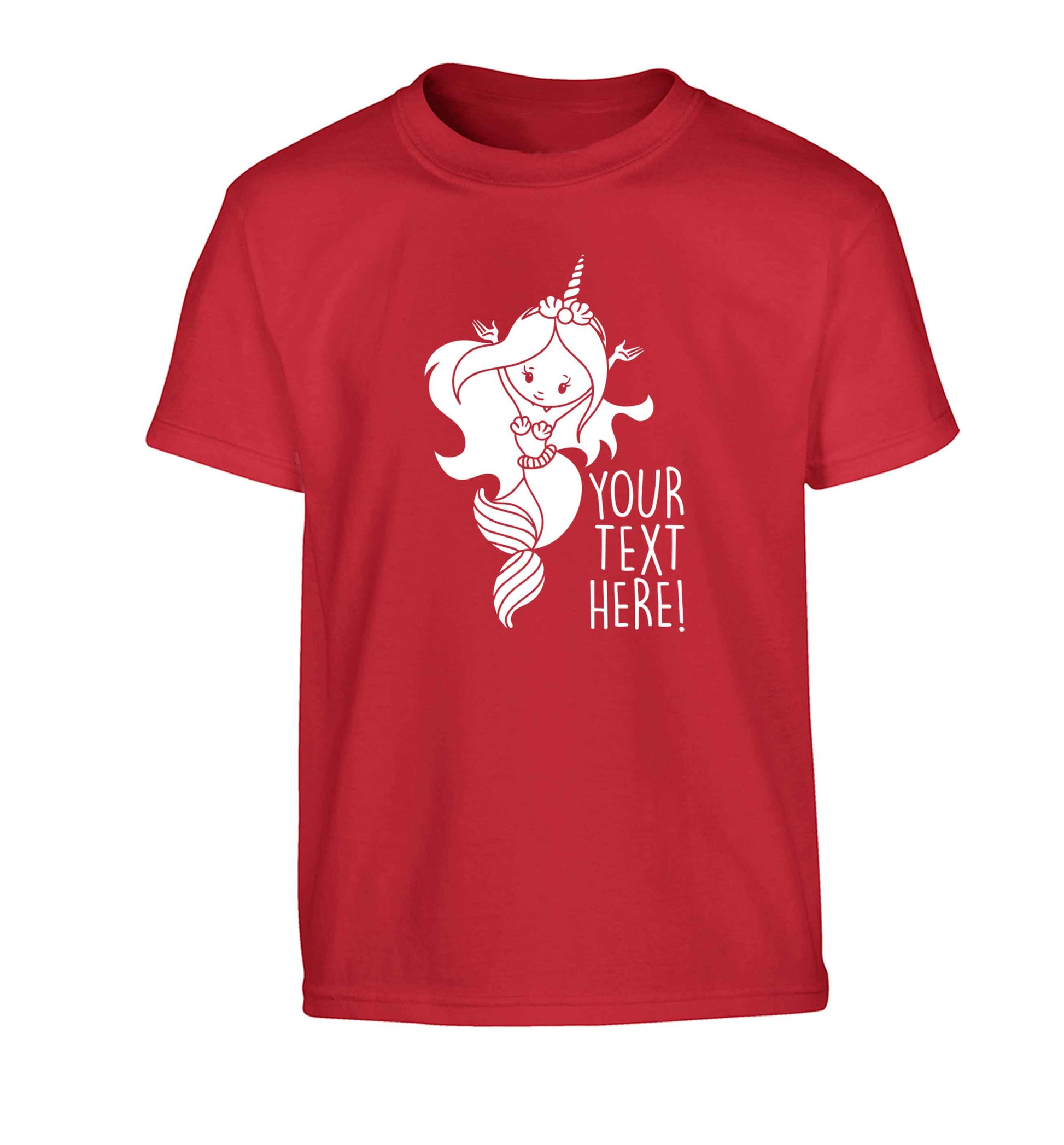 Mermaid with unicorn headband any text Children's red Tshirt 12-13 Years