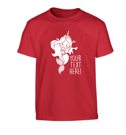 Mermaid with unicorn headband any text Children's red Tshirt 12-13 Years