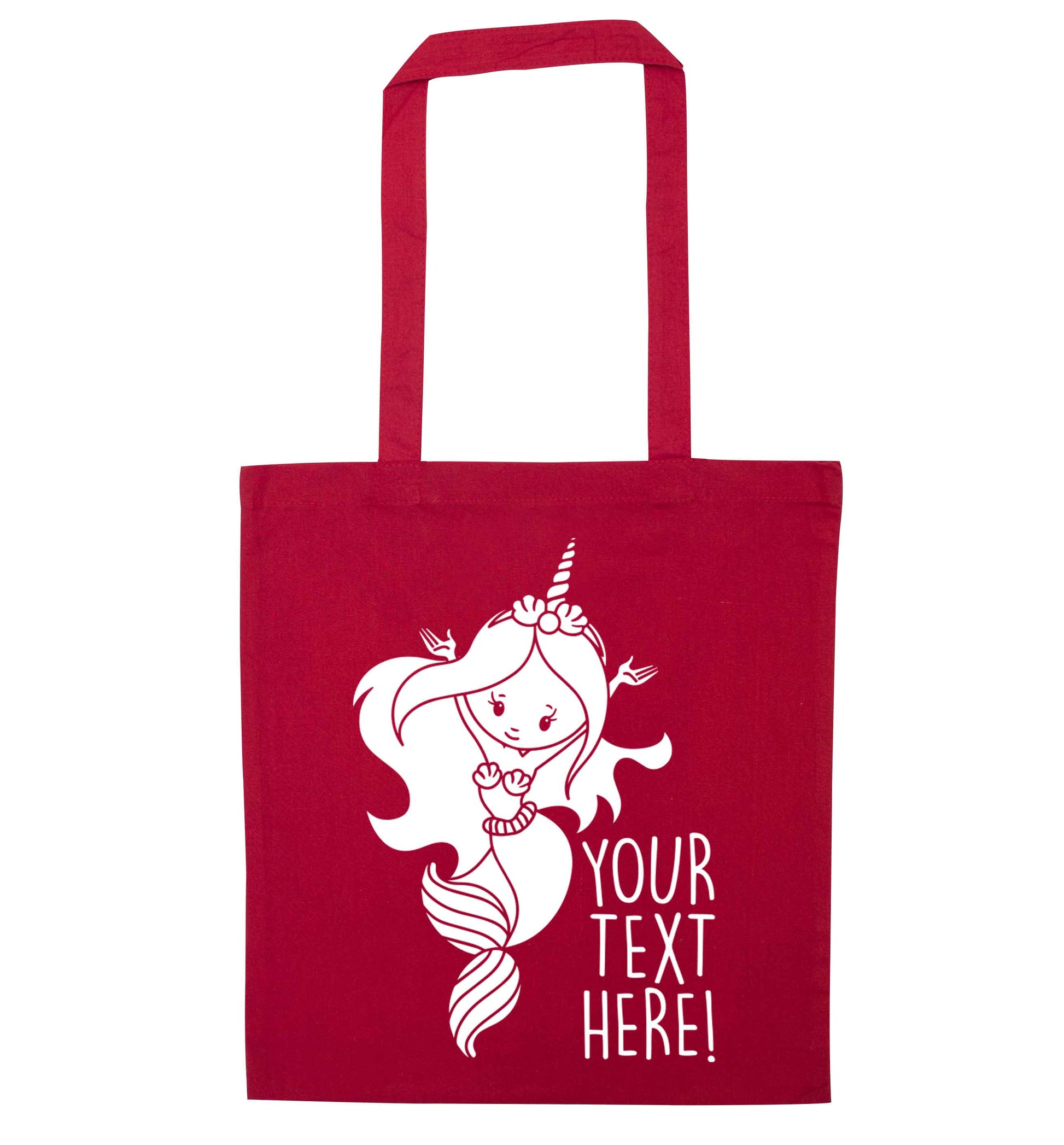 Mermaid with unicorn headband any text red tote bag
