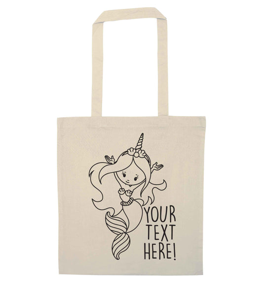 Mermaid with unicorn headband any text natural tote bag