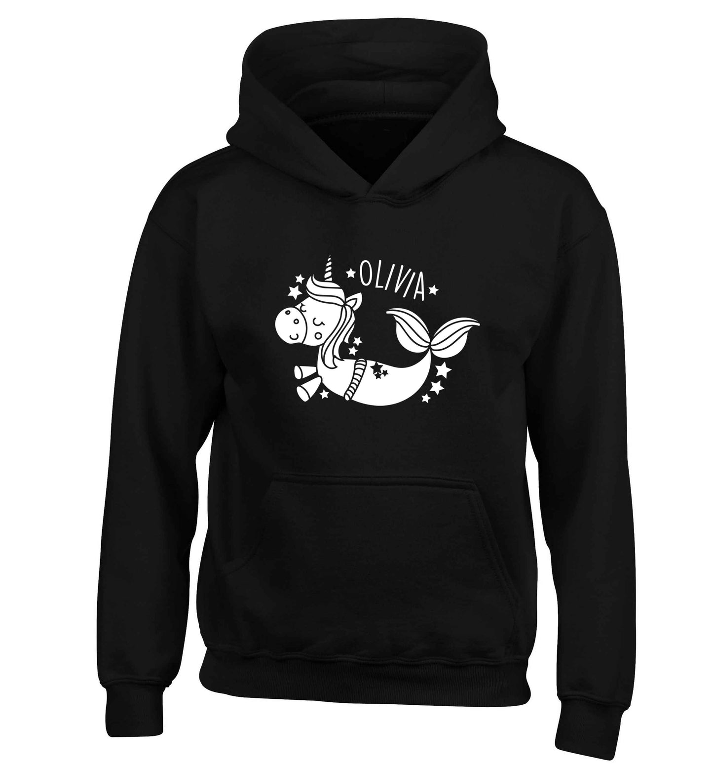 Unicorn mermaid - any name children's black hoodie 12-13 Years