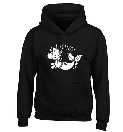 Unicorn mermaid - any name children's black hoodie 12-13 Years