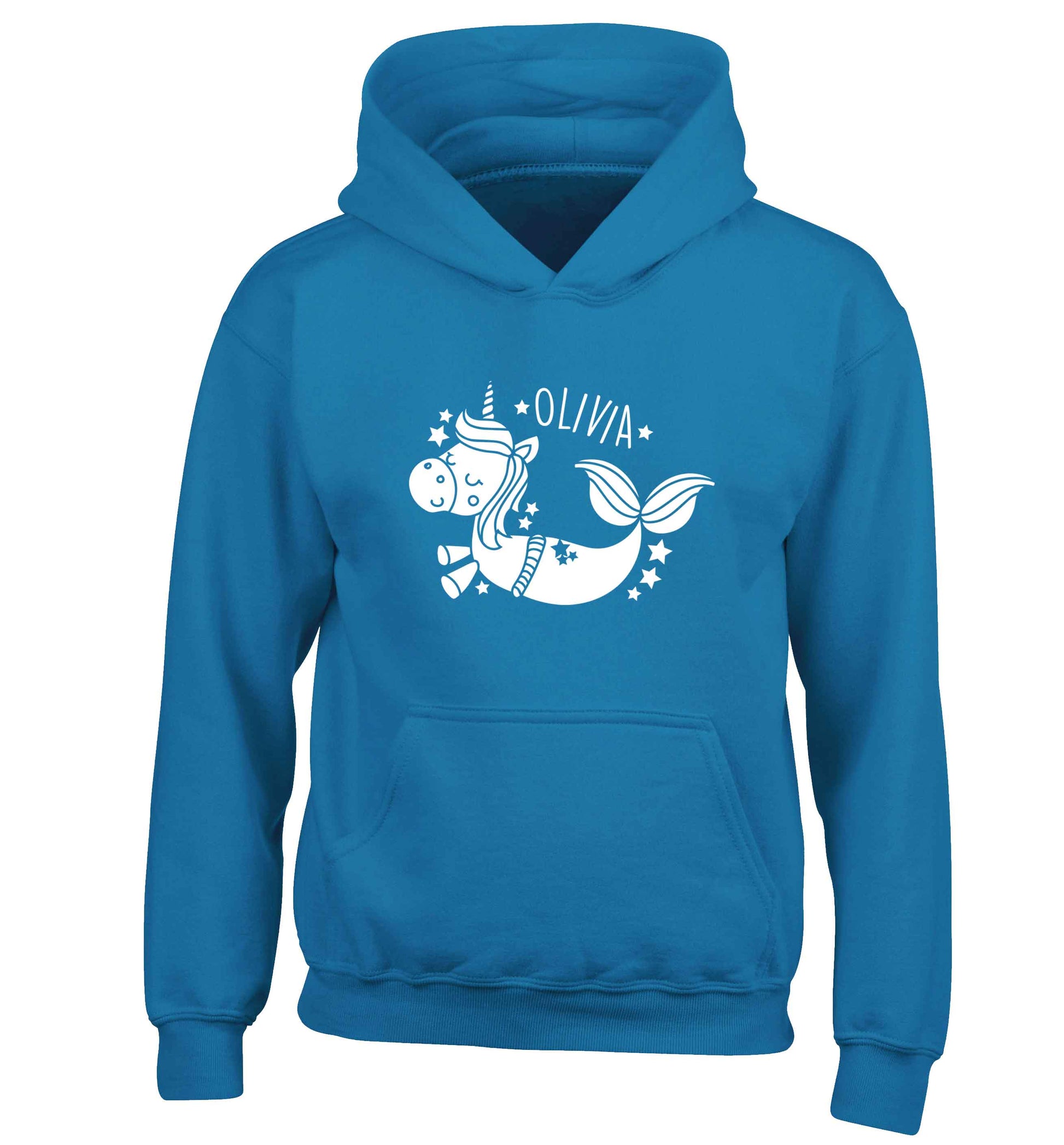 Unicorn mermaid - any name children's blue hoodie 12-13 Years