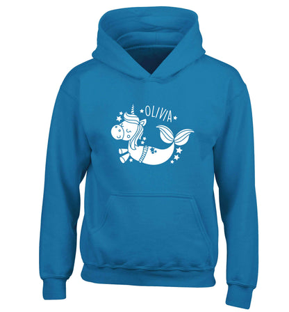 Unicorn mermaid - any name children's blue hoodie 12-13 Years