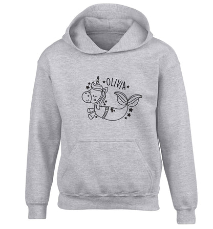 Unicorn mermaid - any name children's grey hoodie 12-13 Years