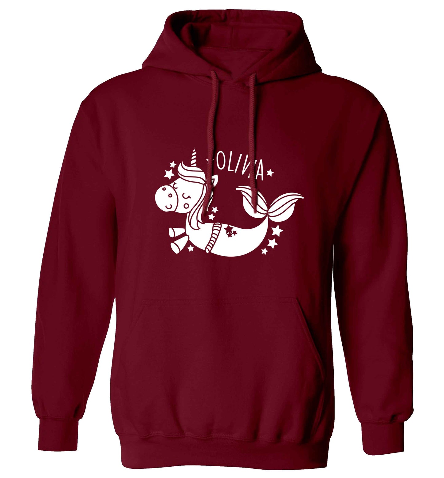 Unicorn mermaid - any name adults unisex maroon hoodie 2XL