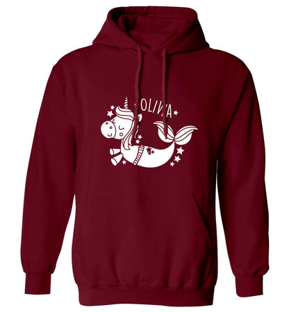 Unicorn mermaid - any name adults unisex maroon hoodie 2XL