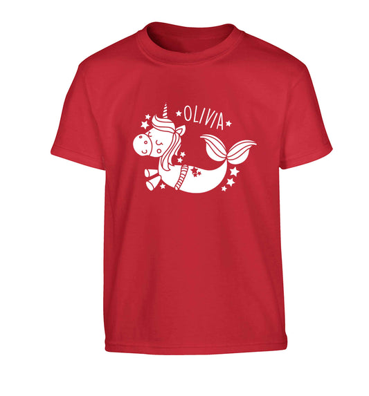 Unicorn mermaid - any name Children's red Tshirt 12-13 Years