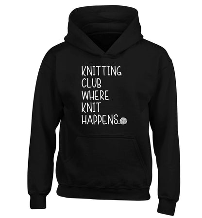 Knitting club where knit happens children's black hoodie 12-13 Years