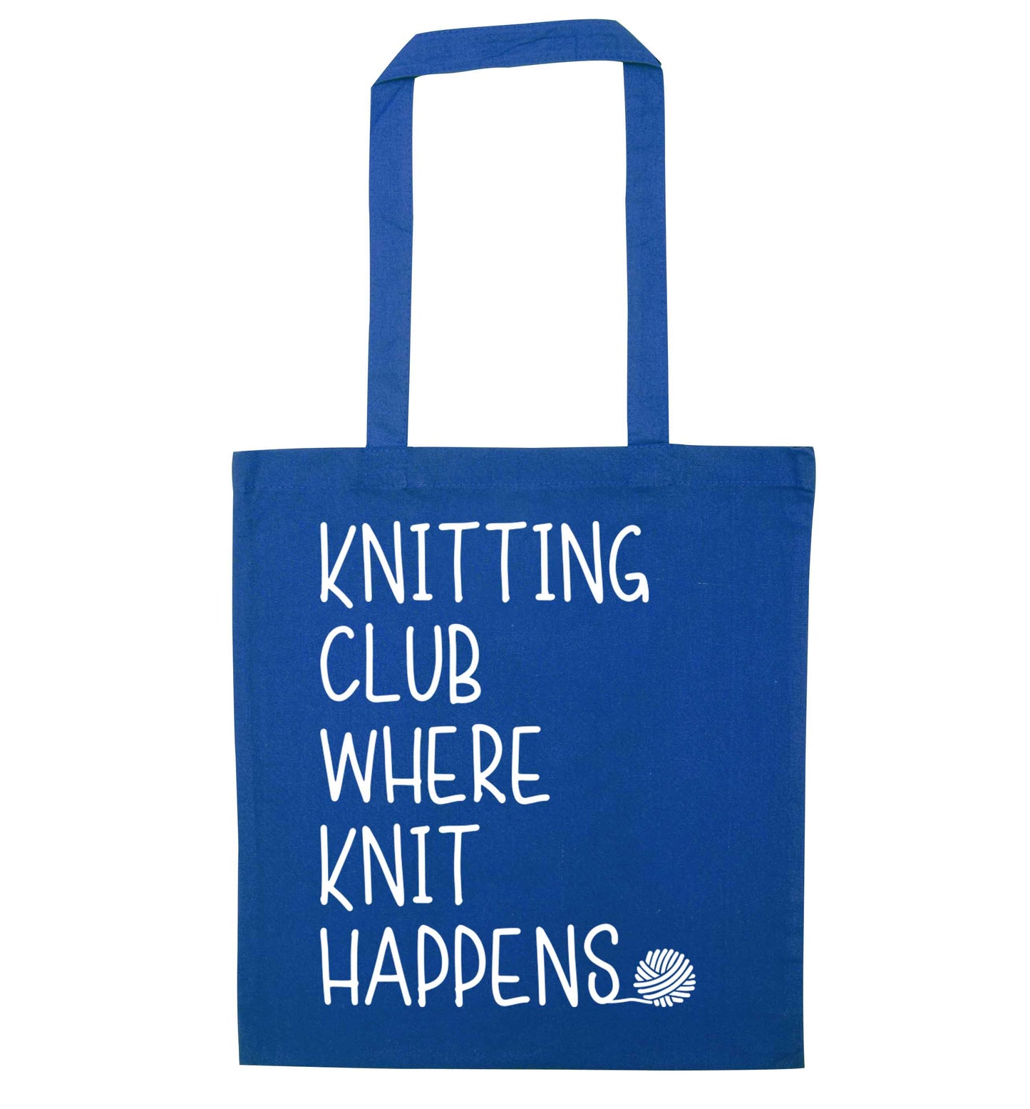 Knitting club where knit happens blue tote bag