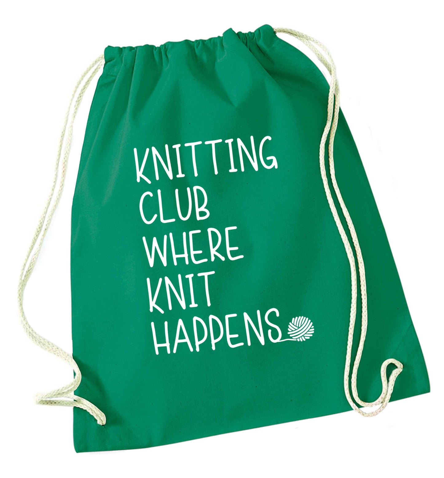 Knitting club where knit happens green drawstring bag